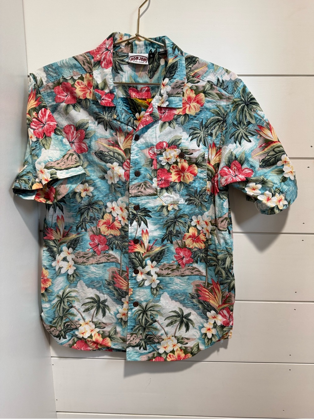 Ron Jon surf shop Teal Hawaiian Floral Button-Down Shirt